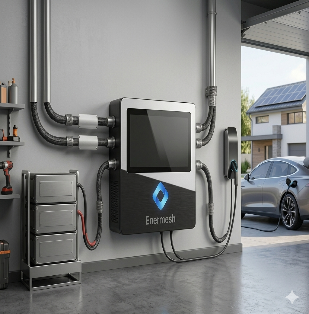 Veltara Energy Router installed in garage — wall-mounted unit with EV charging, solar panels, and battery storage